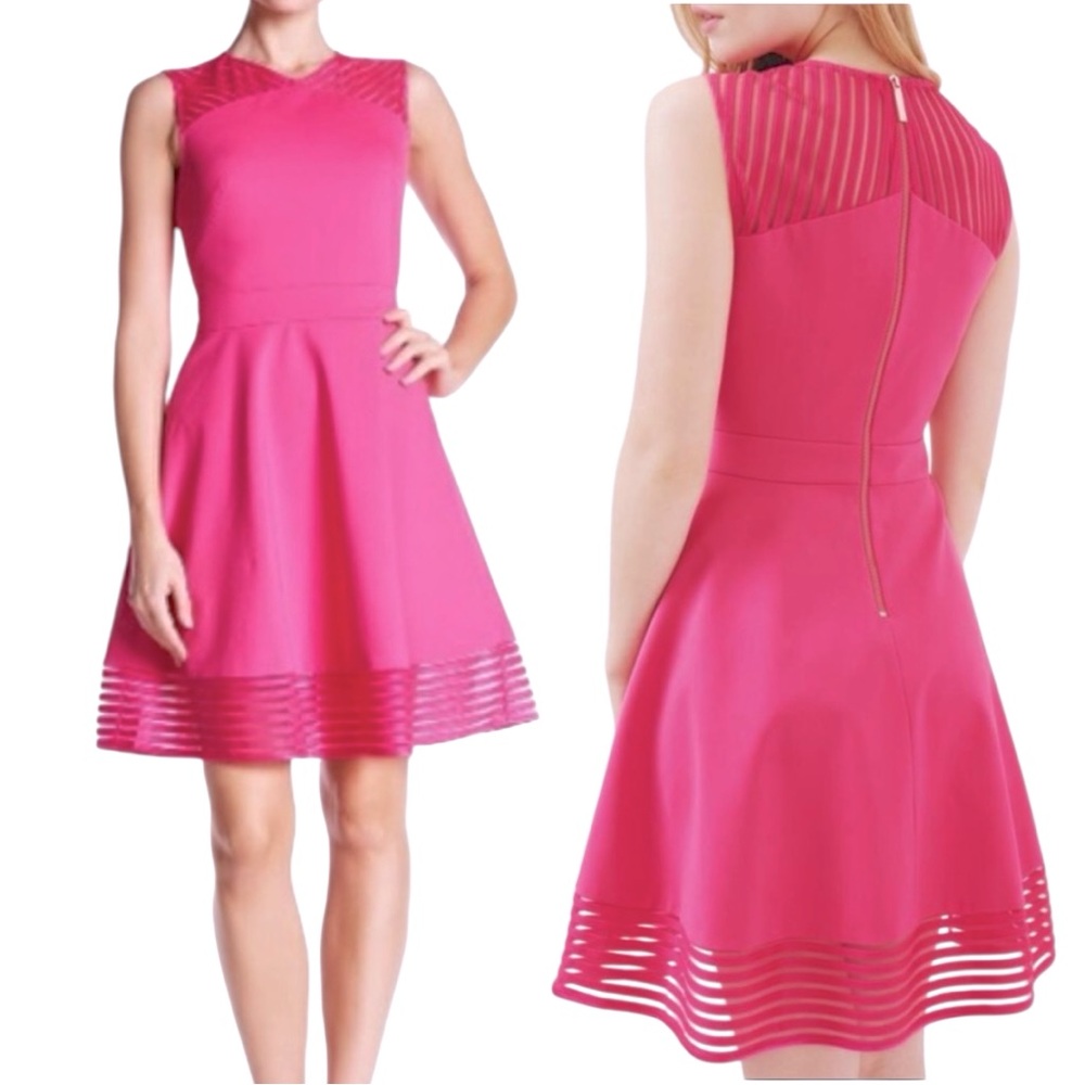 Ted Baker London Eleese Fit & Flare High Neck Skater Dress Mesh Panels - Picture 3 of 13